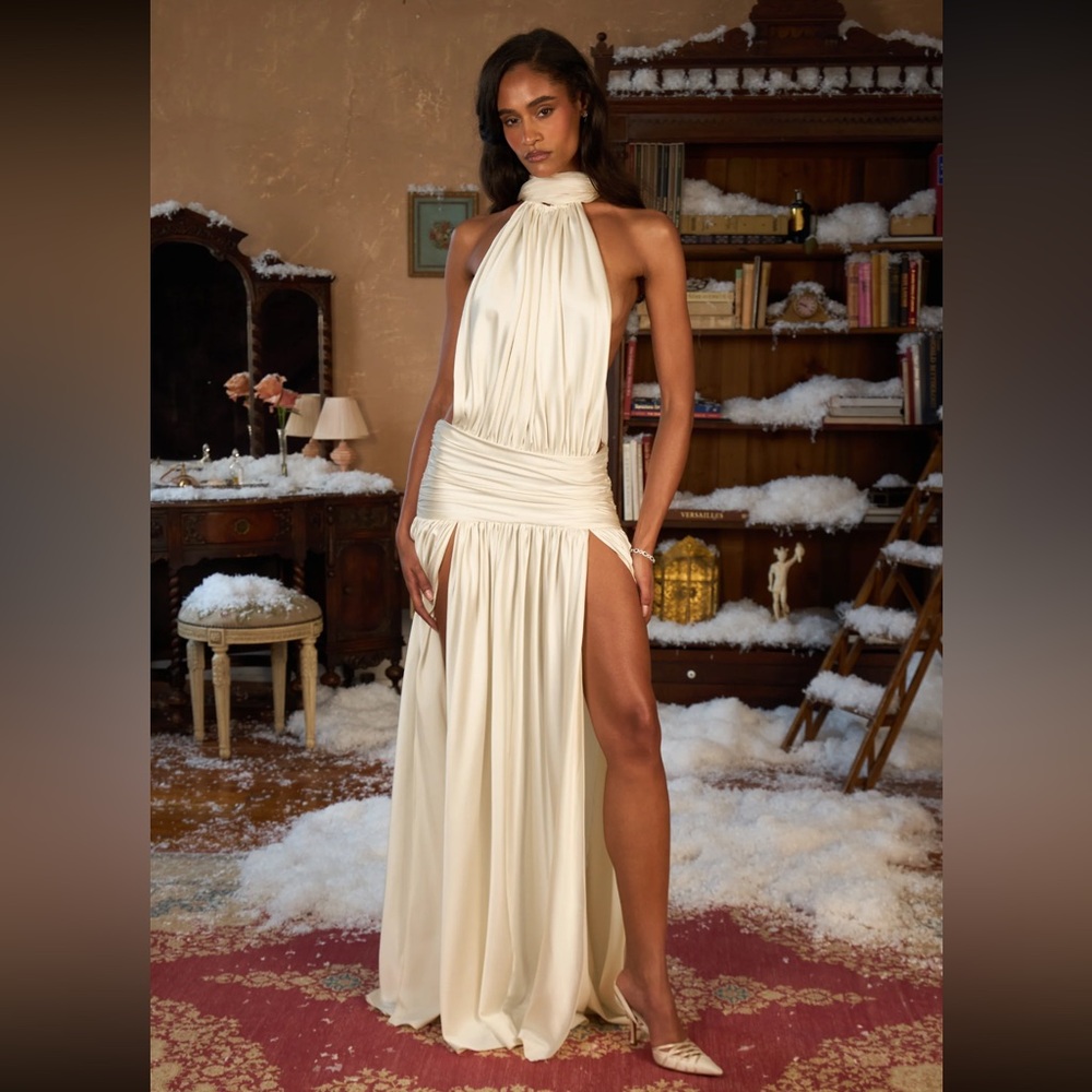 Mirror Palais Cream Backless Halter Gown with High Slit